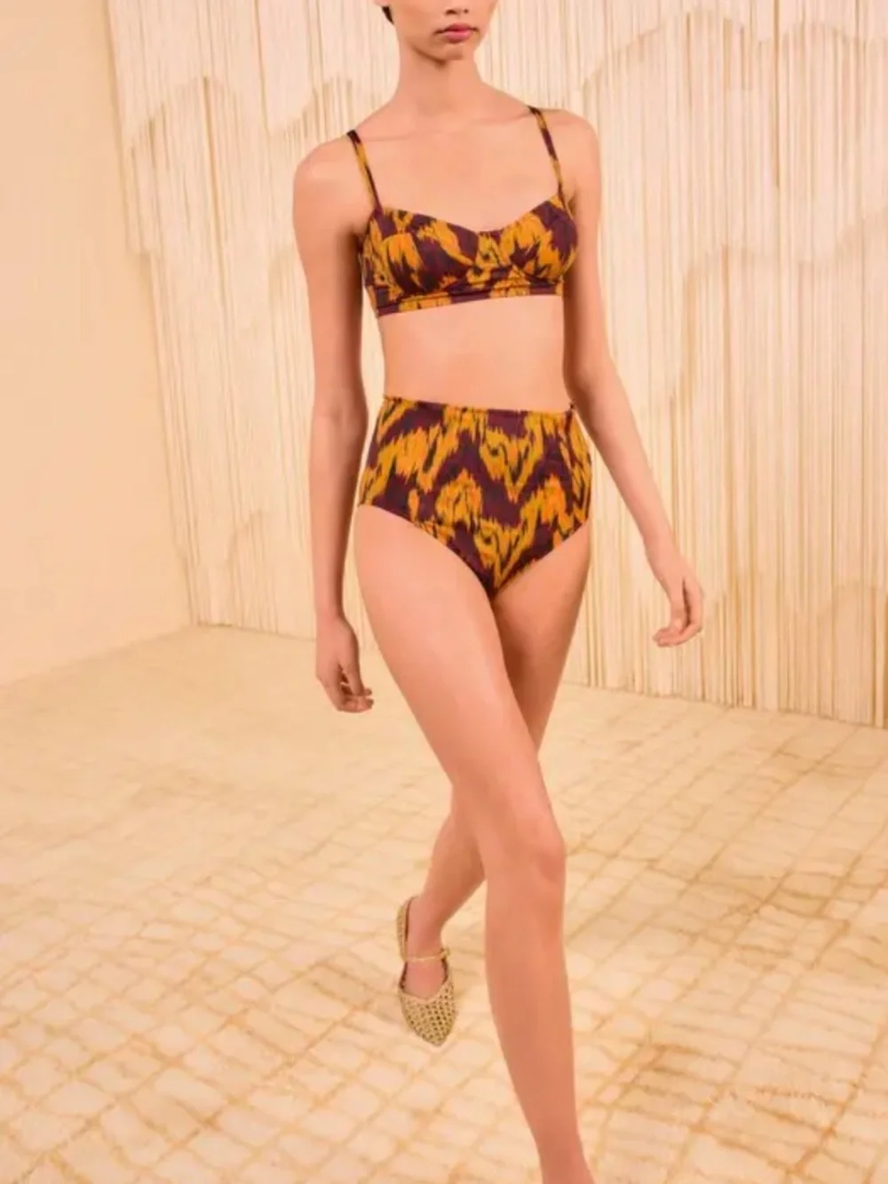 Ulla Johnson Zahara  Ikat-Print Bikini Set in Mustard & Plum size Large